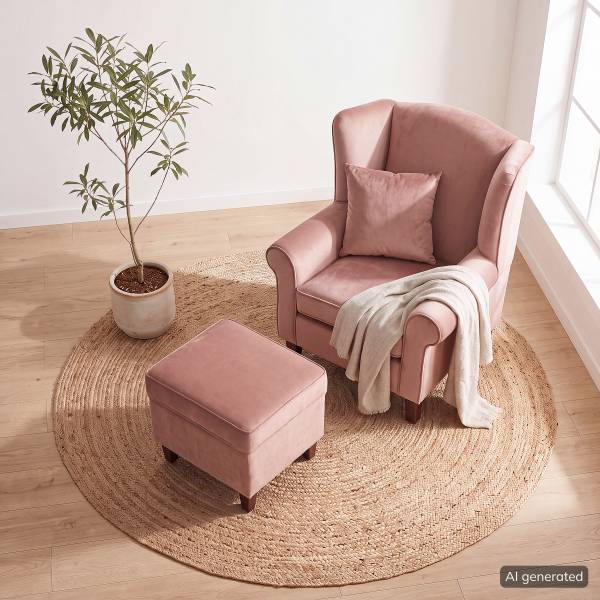 Fauteuil COLMAR Velours Vaia: Rose - Avec repose-pieds