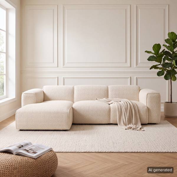 Ecksofa HUDSON 3-Sitzer mit Longchair Teddy-Bouclé Stoff Bony: Beige - Breite: 251 cm - Longchair davorstehend links