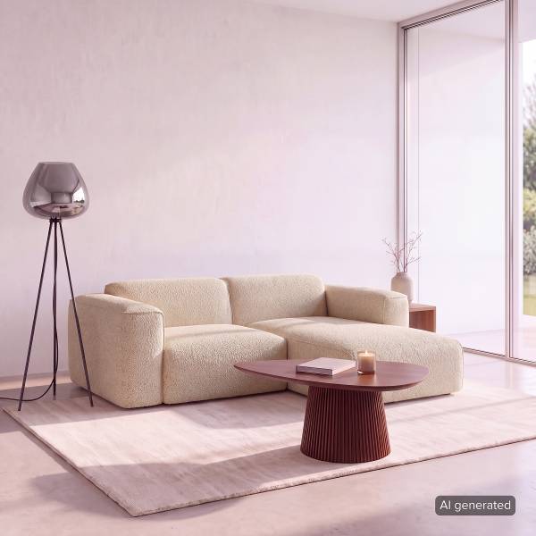 Ecksofa HUDSON 1,5-Sitzer mit Longchair Teddy-Bouclé Stoff Bony: Beige - Longchair davorstehend rechts