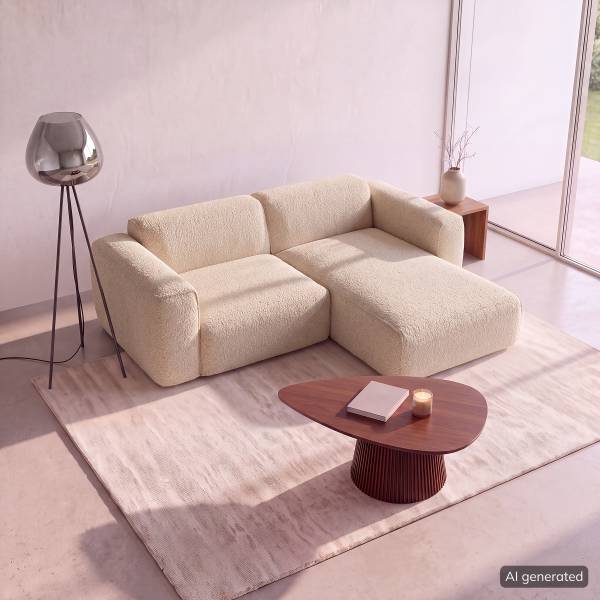 Ecksofa HUDSON 1,5-Sitzer mit Longchair Teddy-Bouclé Stoff Bony: Beige - Longchair davorstehend rechts