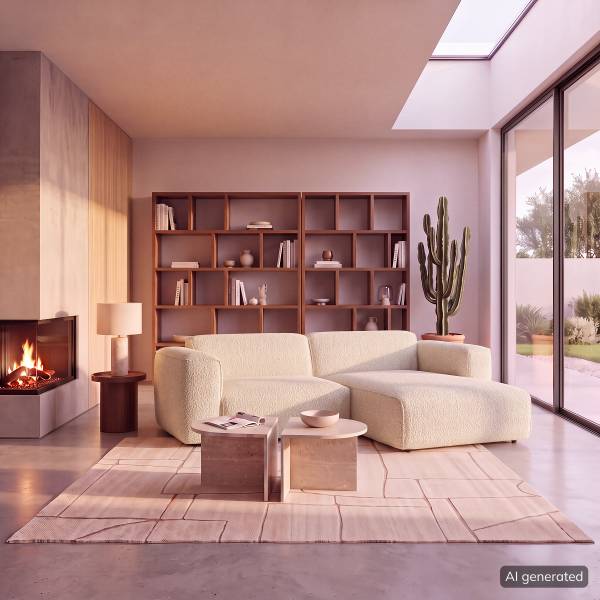 Ecksofa HUDSON 1,5-Sitzer mit Longchair Teddy-Bouclé Stoff Bony: Beige - Longchair davorstehend rechts
