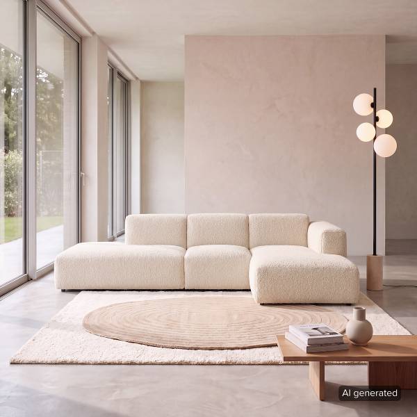 Ecksofa HUDSON mit Chaiselongue Teddy-Bouclé Stoff Bony: Beige - Longchair davorstehend rechts