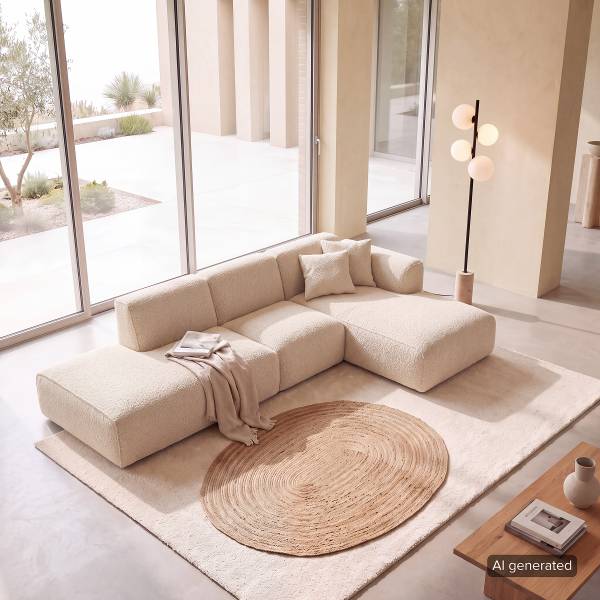 Ecksofa HUDSON mit Chaiselongue Teddy-Bouclé Stoff Bony: Beige - Longchair davorstehend rechts