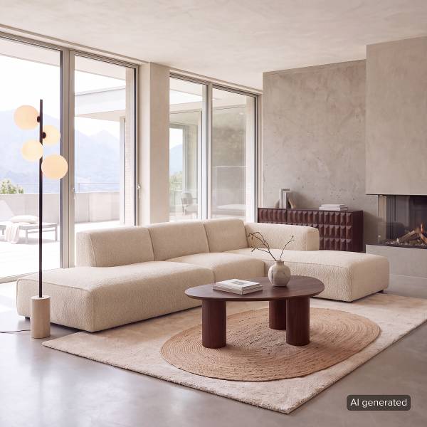Ecksofa HUDSON mit Chaiselongue Teddy-Bouclé Stoff Bony: Beige - Longchair davorstehend rechts