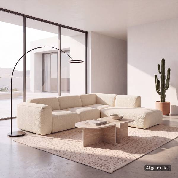 Ecksofa HUDSON 3-Sitzer mit Recamiere Teddy-Bouclé Stoff Bony: Beige - Ottomane davorstehend rechts