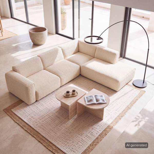 Ecksofa HUDSON 3-Sitzer mit Recamiere Teddy-Bouclé Stoff Bony: Beige - Ottomane davorstehend rechts