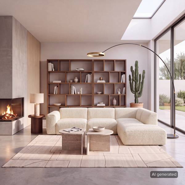 Ecksofa HUDSON 3-Sitzer mit Recamiere Teddy-Bouclé Stoff Bony: Beige - Ottomane davorstehend rechts