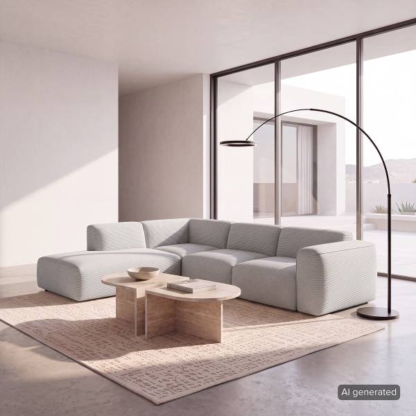 Ecksofa HUDSON 3-Sitzer mit Recamiere Cordstoff Snor: Grau - Ottomane davorstehend links