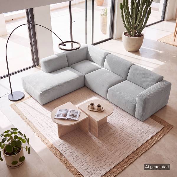 Ecksofa HUDSON 3-Sitzer mit Recamiere Cordstoff Snor: Grau - Ottomane davorstehend links