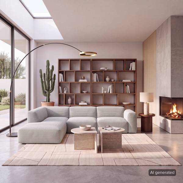 Ecksofa HUDSON 3-Sitzer mit Recamiere Cordstoff Snor: Grau - Ottomane davorstehend links