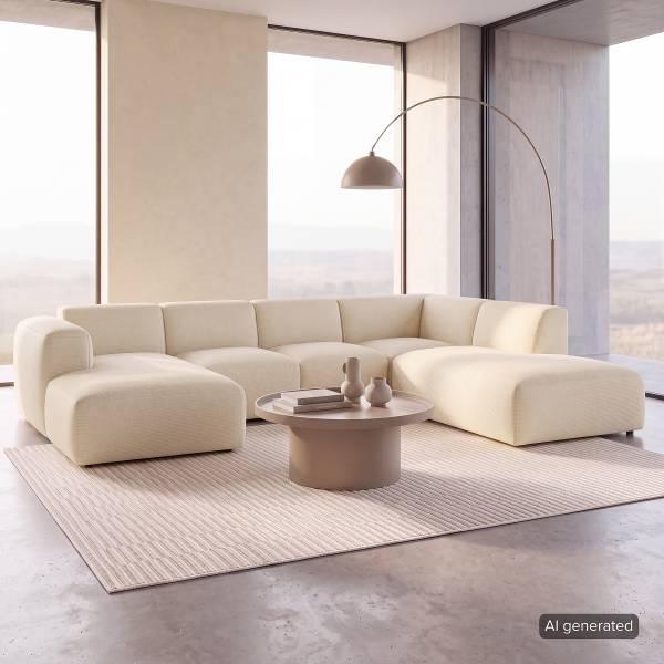 Wohnlandschaft HUDSON Cordstoff Snor: Beige - Longchair davorstehend links / Ottomane rechts