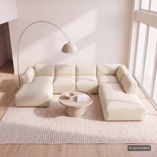 Wohnlandschaft HUDSON Cordstoff Snor: Beige - Longchair davorstehend links / Ottomane rechts