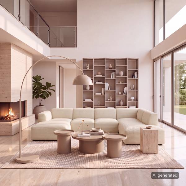 Wohnlandschaft HUDSON Cordstoff Snor: Beige - Longchair davorstehend links / Ottomane rechts