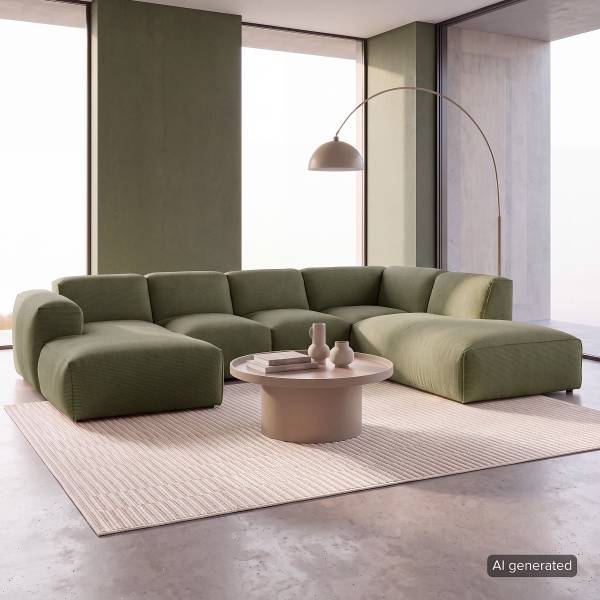 Wohnlandschaft HUDSON Cordstoff Snor: Grün - Longchair davorstehend links / Ottomane rechts