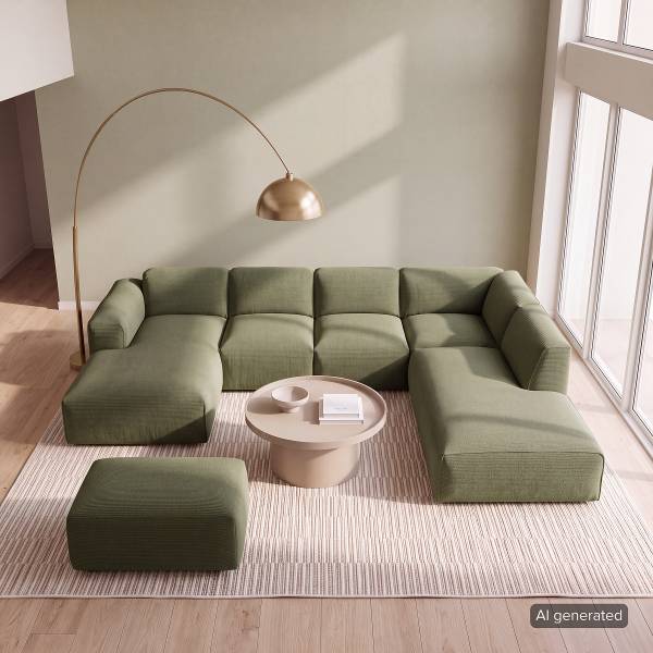 Wohnlandschaft HUDSON Cordstoff Snor: Grün - Longchair davorstehend links / Ottomane rechts