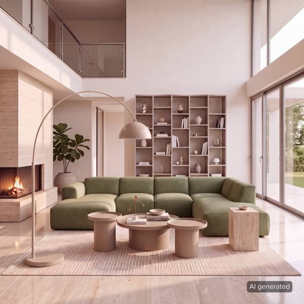 Wohnlandschaft HUDSON Cordstoff Snor: Grün - Longchair davorstehend links / Ottomane rechts