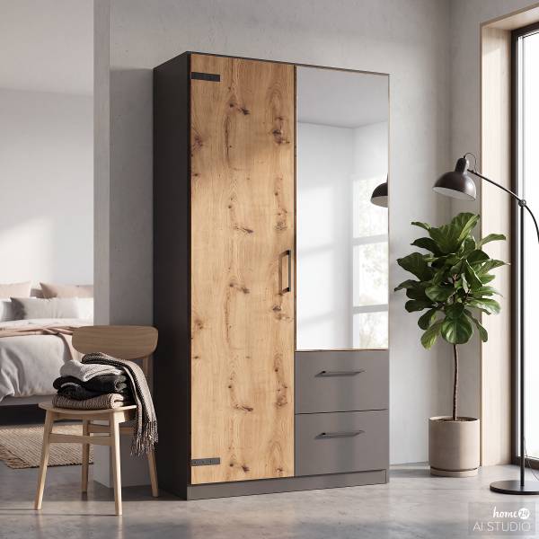 Drehtürenschrank Butte Eiche Artisan Dekor / Graumetallic - Breite: 91 cm