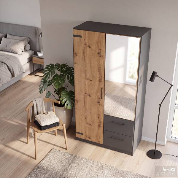 Drehtürenschrank Butte Eiche Artisan Dekor / Graumetallic - Breite: 91 cm
