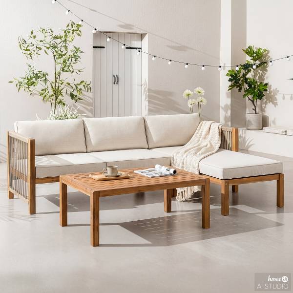 Loungeset Bayton 3-teilig Kombi A Akazie massiv / Polyester - Beige / Braun