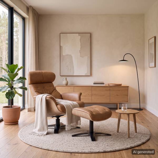 Relaxsessel HARRIGA Leder / Eisen - Hellbraun / Schwarz - Echtleder Ulicia: Cognac