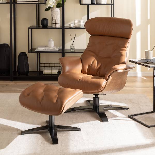 Relaxsessel HARRIGA Leder / Eisen - Hellbraun / Schwarz - Echtleder Ulicia: Cognac