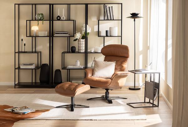 Relaxsessel HARRIGA Leder / Eisen - Hellbraun / Schwarz - Echtleder Ulicia: Cognac