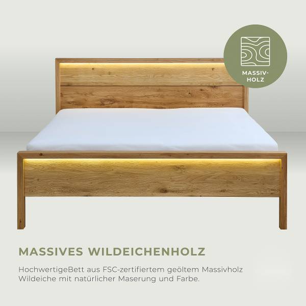 Beleuchtetes Massivholzbett Zabud Inkl. Beleuchtung - Wildeiche massiv - 180 x 200cm