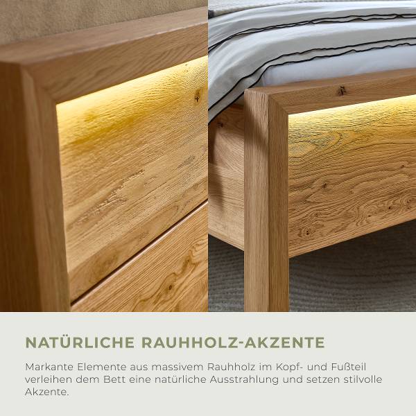Beleuchtetes Massivholzbett Zabud Inkl. Beleuchtung - Wildeiche massiv - 180 x 200cm