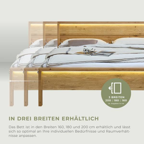 Beleuchtetes Massivholzbett Zabud Inkl. Beleuchtung - Wildeiche massiv - 180 x 200cm