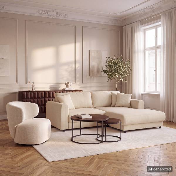 Ecksofa LAYAA mit Longchair Cordstoff Snor: Beige - Breite: 238 cm - Longchair davorstehend rechts