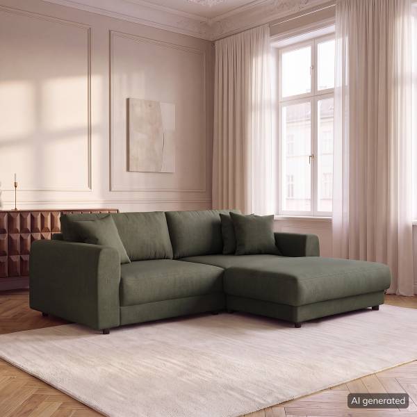 Ecksofa LAYAA mit Longchair Webstoff Saia: Graugrün meliert - Breite: 238 cm - Longchair davorstehend rechts