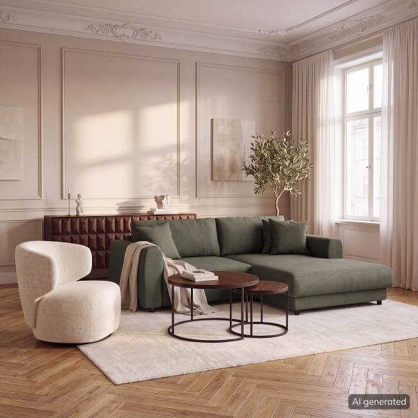 Ecksofa LAYAA mit Longchair Webstoff Saia: Graugrün meliert - Breite: 238 cm - Longchair davorstehend rechts