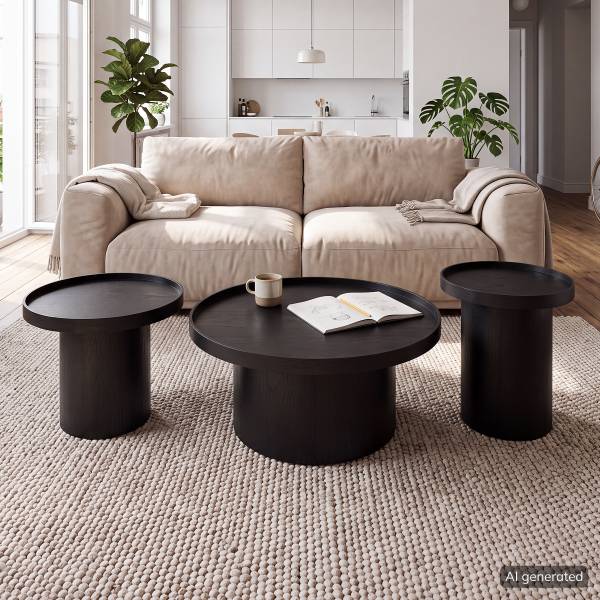 Couchtisch-Set BOURAPIL 3-teilig Echtholzfurnier - Eiche Schwarz