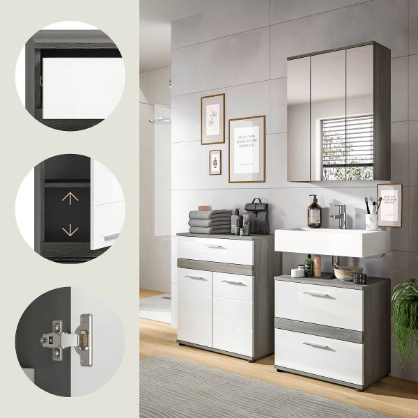 Set 3 mobili bagno Trona - Mobile basso Bianco lucido / effetto argento