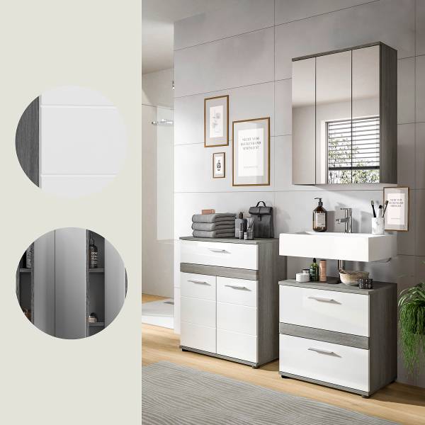 Set 3 mobili bagno Trona - Mobile basso Bianco lucido / effetto argento