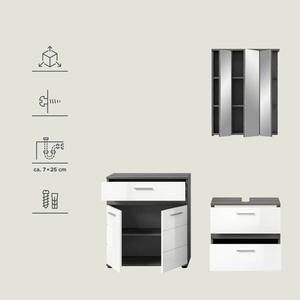 Set 3 mobili bagno Trona - Mobile basso Bianco lucido / effetto argento