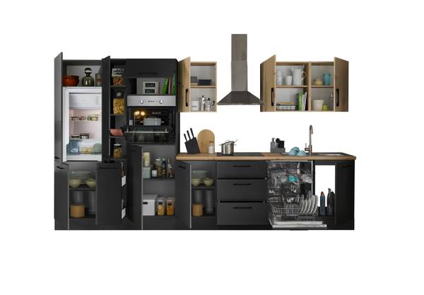 Cucina Collegno G Opaco nero - Larghezza: 370 cm - Senza piani di cottura - Senza utensili di cucina