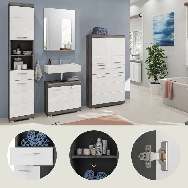 Badkamerset Scout 4-dlg halfhoge kast+SK hoogglans wit/rookzilverkleurige look - rookzilver