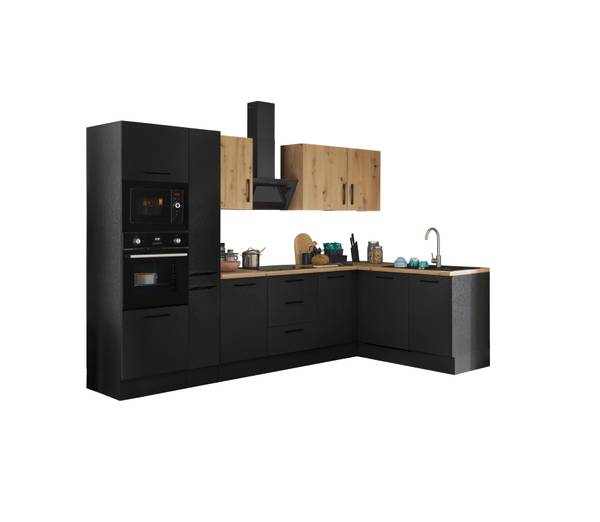 Eck-Küchenzeile Collegno Variante F Matt Schwarz - Breite: 310 cm - Induktion - Mit Elektrogeräten