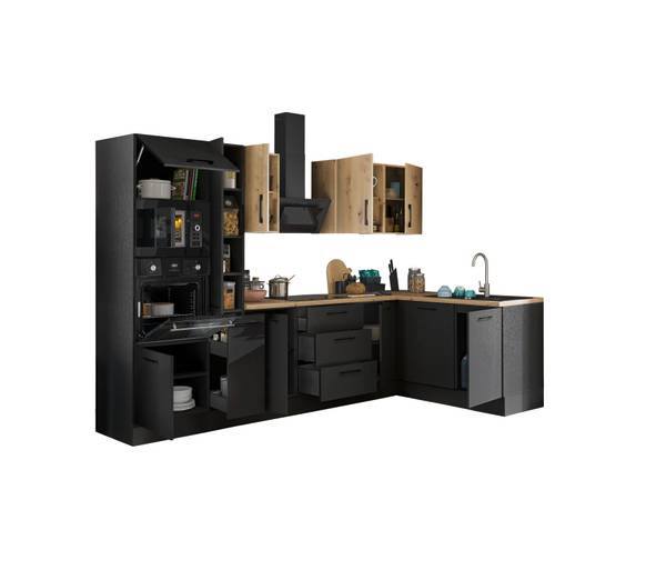 Eck-Küchenzeile Collegno Variante F Matt Schwarz - Breite: 310 cm - Induktion - Mit Elektrogeräten