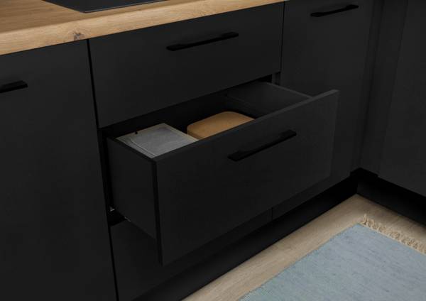 Eck-Küchenzeile Collegno Variante A Matt Schwarz - Breite: 210 cm - Glaskeramik - Mit Elektrogeräten