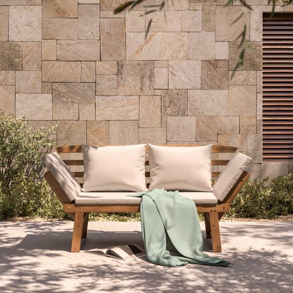 Houten tuinbank Ariany massief acaciahout/geweven stof - wit/bruin