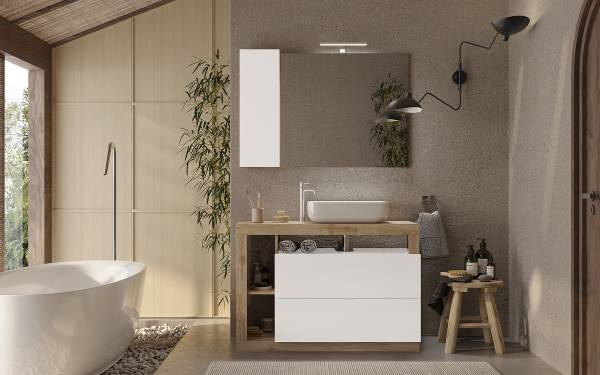 Verlichte spiegel Hamburg hoogglans wit/eikenhouten look - Breedte: 110 cm