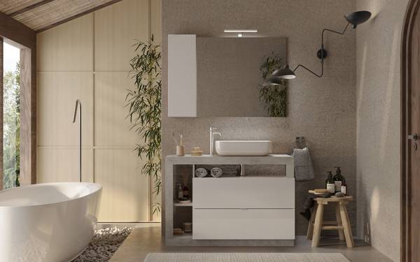 Waschtisch Hamburg Hochglanz Weiß / Beton Dekor - Breite: 110 cm