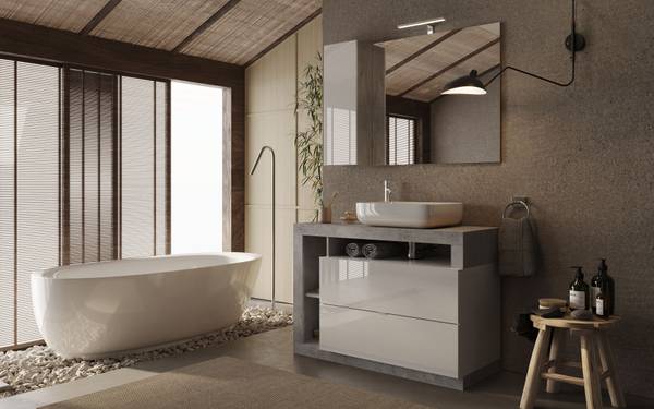 Waschtisch Hamburg Hochglanz Weiß / Beton Dekor - Breite: 110 cm