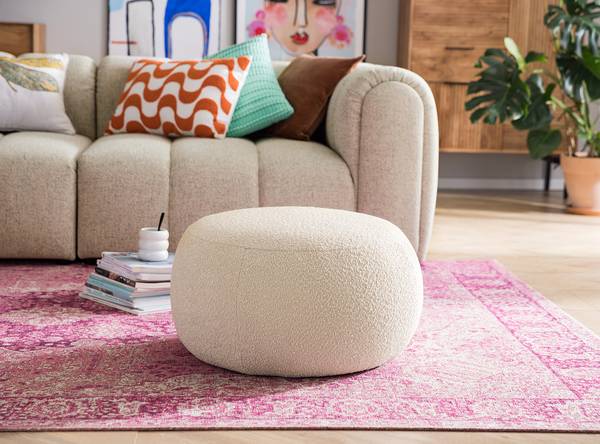 Polsterhocker STOOLA Bouclé Stoff Basima: Beige - Breite: 65 cm