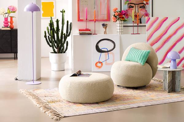 Polsterhocker STOOLA Bouclé Stoff Basima: Beige - Breite: 65 cm