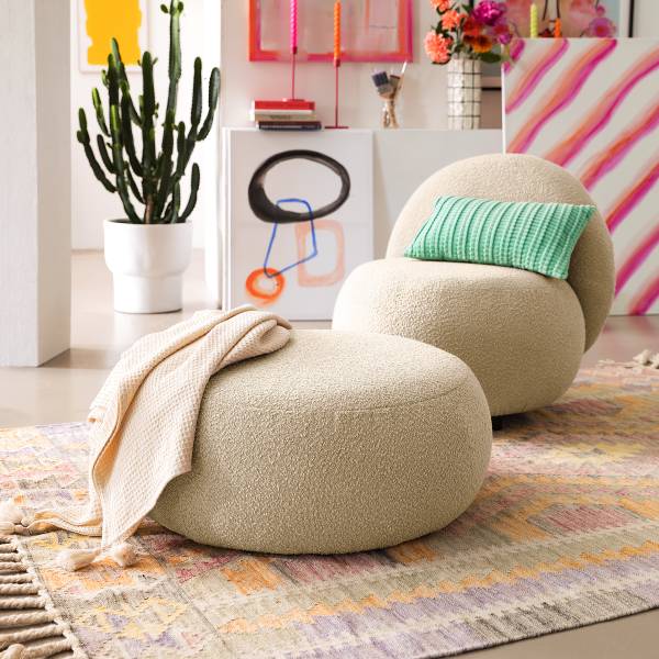 Polsterhocker STOOLA Bouclé Stoff Basima: Beige - Breite: 65 cm