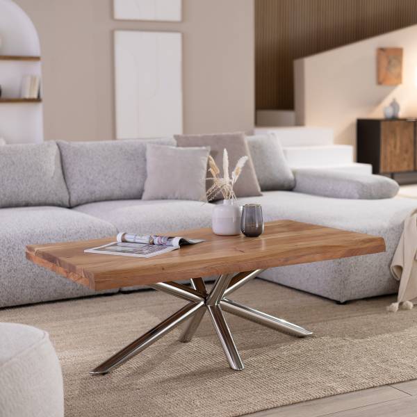 Tavolino da salotto Kheno Acacia massello / Metallo - Acciaio inox