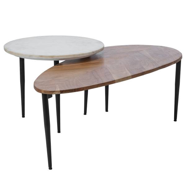Set di 2 tavolini da salotto Condis Acacia massello / marmo - Acacia marmo bianco